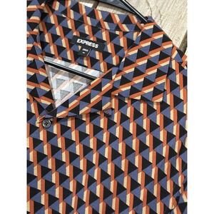 Express Men's Geometric Retro Print Medium Short Sleeve Button Up Disco Vibes